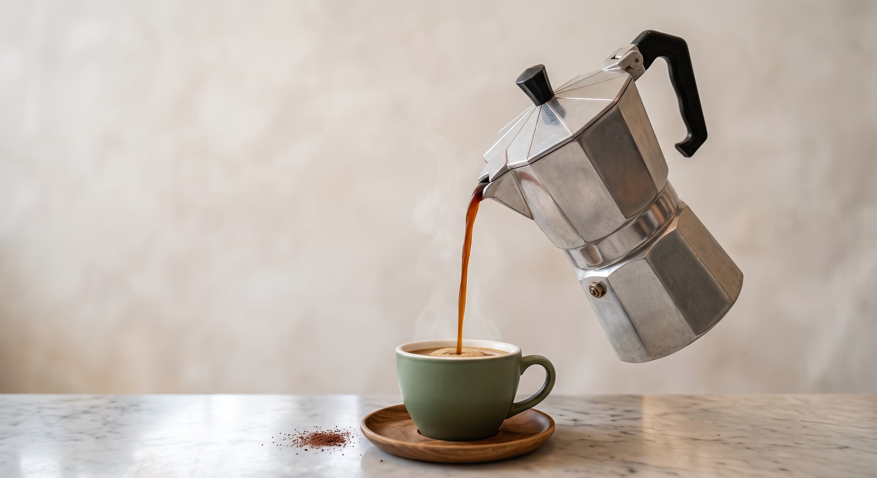 Cafetera moka italiana sirviendo café recién hecho en una taza verde sobre mármol